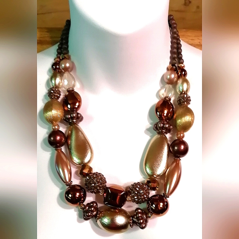 Treska Signed BOHO Chunky Gold / Brown Double-Strand Beaded Statement Necklace